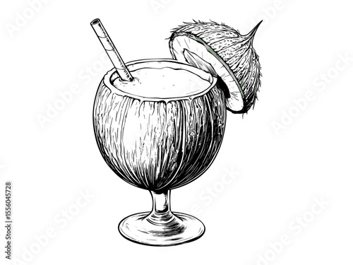 Vintage summer coconut beverage, tropical beach drink in retro black sketch style, old engraving seasonal icon, trendy hand-drawn decor, summer refreshment art design