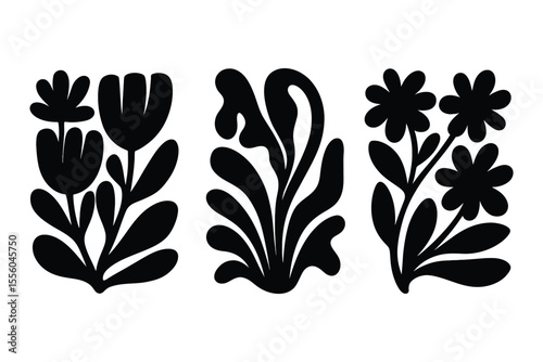 Set of groovy floral botanical black background in trendy naive retro hippie 60s 70s style