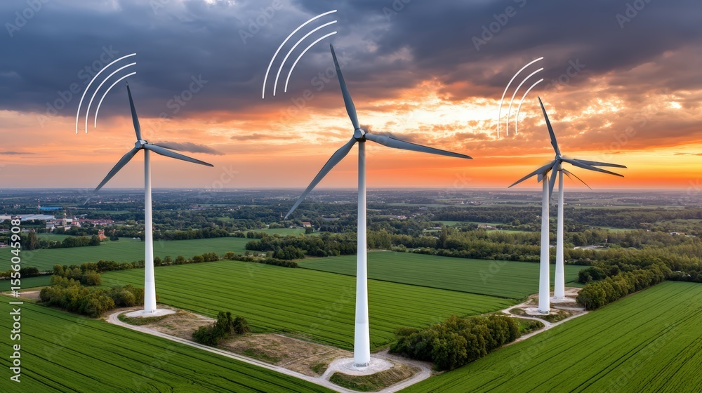 Obraz premium Expansive Wind Turbines at Sunset with Dynamic Skies and Green Fields