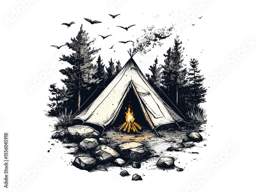 Outdoor vacation scene, summer camping tent with fire engraving, vintage black sketch, old engraving style, trendy rustic decor, nature adventure drawing, retro camping illustration