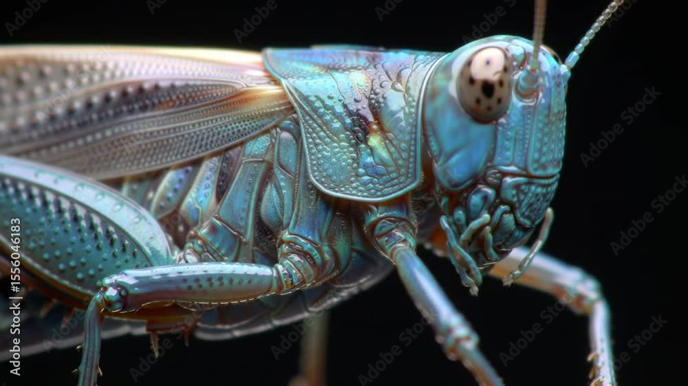 Portrait macro of a rare blue grasshopper with iridescent shell, deep compound eye reflections, and ultra fine body hair detail, suspended in black void, studio style lightning.