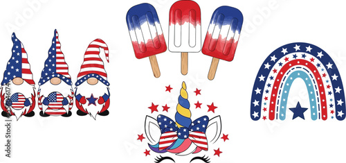 Patriotic gnomes popsicles unicorn and rainbow with stars and stripes on a white background
