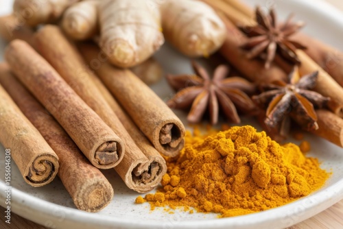 Close-up of turmeric, ginger, cinnamon sticks, and cloves, arranged naturally on white plate