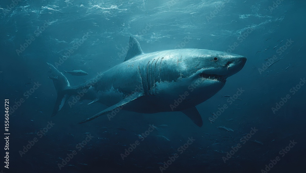 Obraz premium Majestic Great White Shark glides through deep ocean, a breathtaking underwater encounter.