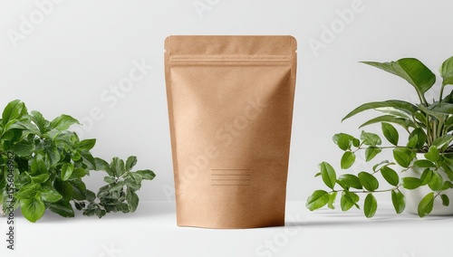Kraft stand-up pouch with zipper, flanked by greenery against a white backdrop
