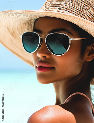 Stunning young adult woman wearing sun hat and sunglasses relaxing on the beach during summer vacation.