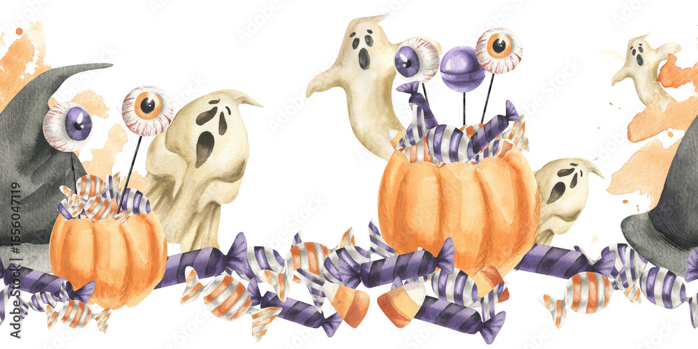 Naklejka premium Halloween purple and orange sweets, scary ghosts, witch black hat, jelly eyes watercolor seamless border. Hand drawn banner for kid's trick or treat party,October festive packing,textile design