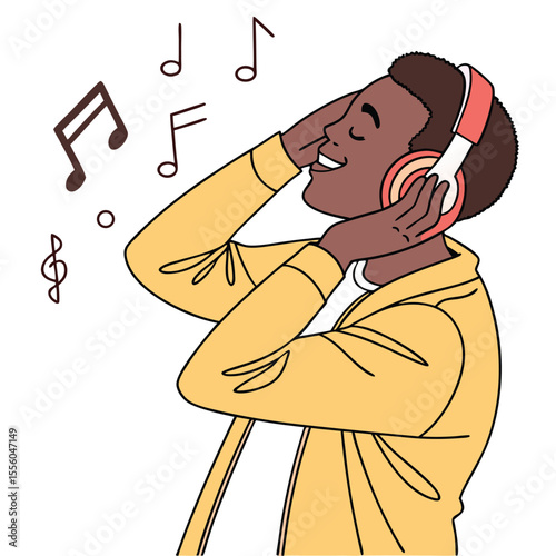 Black Asian man listening to music on headphones enjoying his favorite song. Young man, male character with headphones humming his favorite soundtrack. Flat vector illustration