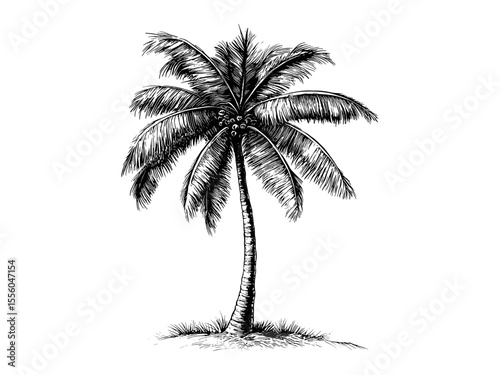 Vintage summer coconut palm engraving, tropical tree icon, hand-drawn vacation decor, black sketch, old engraving style, trendy seasonal artwork, exotic island illustration, beach vibes