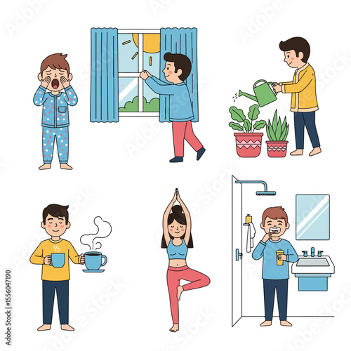 Set of Illustrations Showing a Man's Morning Routine Activities