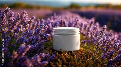 White Cosmetic Jar Surrounded by Lavender Flowers in a Field