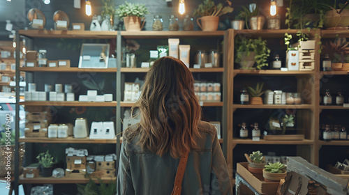 Woman explores interior boutique with rustic shelving showcasing plants, herbs, and aromatherapy products enhancing well being.