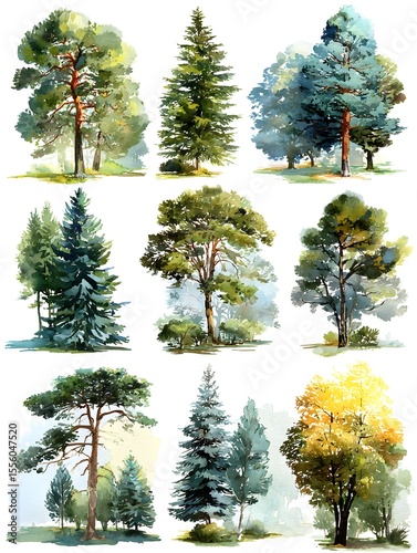 Watercolor painting collection showcasing various types of trees in different styles and compositions artfully.