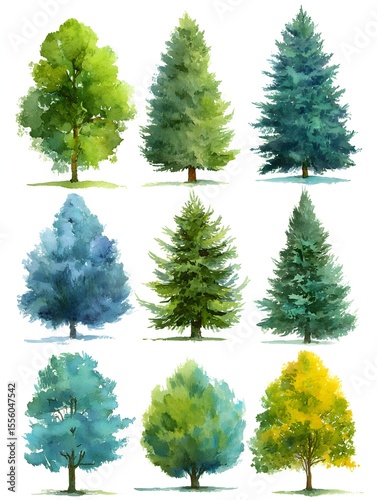 Watercolor collection of nine different trees in various shapes and colors isolated against white background.