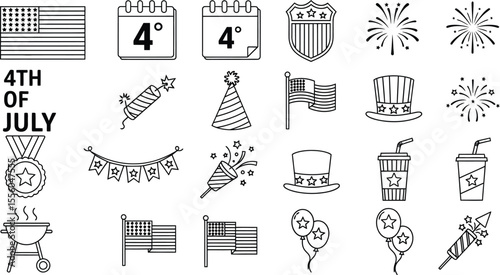 Fourth of july icons featuring american flags fireworks and celebratory party elements in line art