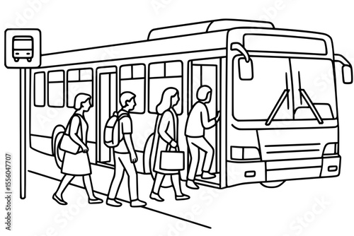 Vector Illustration of People Boarding a City Bus at Bus Stop