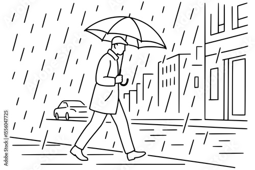 Vector Illustration of Person Walking with Umbrella in Rain