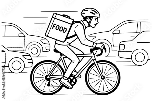 Vector Illustration of Food Courier Cycling Through City Traffic