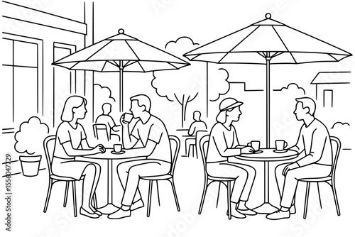 Vector Illustration of People Enjoying Coffee at Outdoor Café Terrace