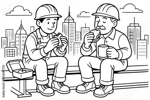 Vector Illustration of Construction Workers Enjoying Lunch Break on Rooftop