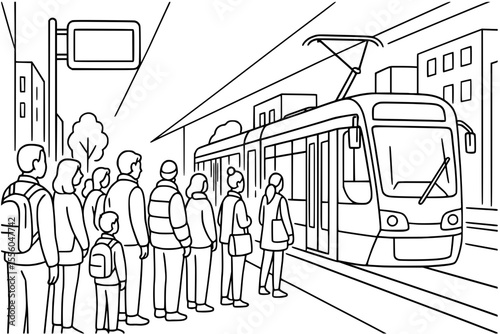  Vector Illustration of People Waiting for Tram at City Station