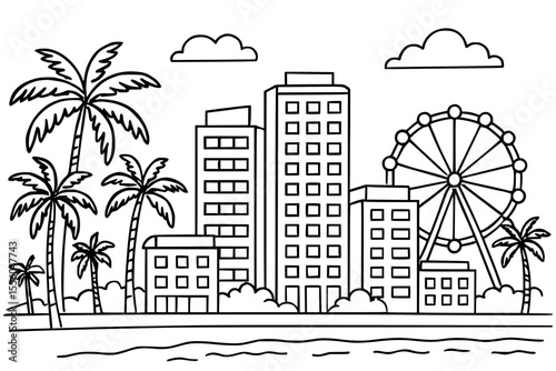 Vector Illustration of Tropical City Skyline with Ferris Wheel and Palm Trees