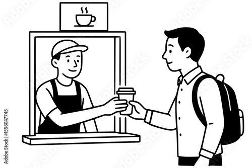 Vector Illustration of Coffee Kiosk Transaction with Smiling Barista