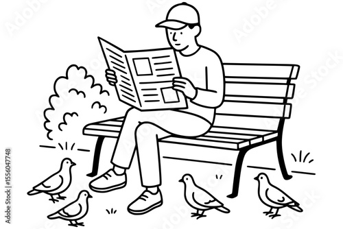 Vector Illustration of Man Reading Newspaper on Park Bench Surrounded by Birds