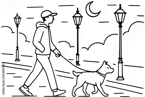 Vector Illustration of Man Walking Dog at Night