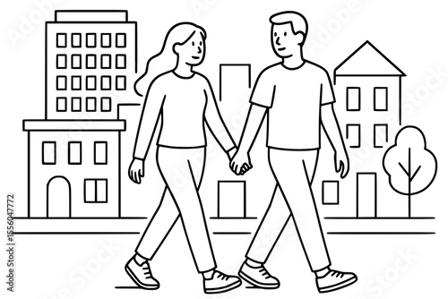 Vector Illustration of Couple Walking in Urban Cityscape
