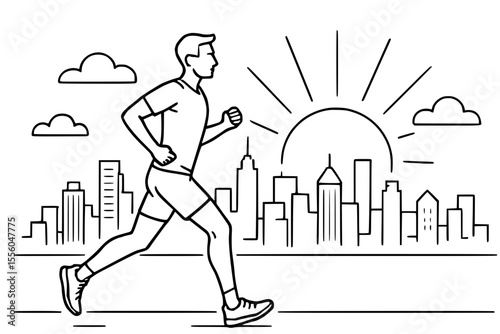 Vector Illustration of Jogger Running at Sunrise in Urban City