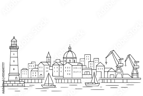 Vector Coastal Skyline with Lighthouse and Cranes