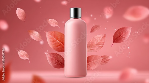 Elegant Pink Bottle Surrounded by Floating Leaves and Soft Sparkles