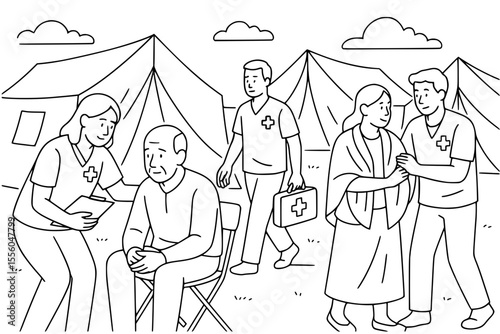 Medical Workers Assisting Refugees in Aid Camp Vector Illustration
