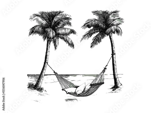 Vintage engraving art, summer hammock scene, retro hand-drawn black sketch style, seasonal leisure decor, old engraving style, trendy vacation illustration, relaxing outdoor lifestyle