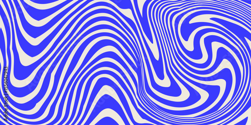 Blue wavy lines abstract background. Trendy psychedelic retro style backdrop. Waves, swirl and twirl pattern. Twisted distorted vector texture.