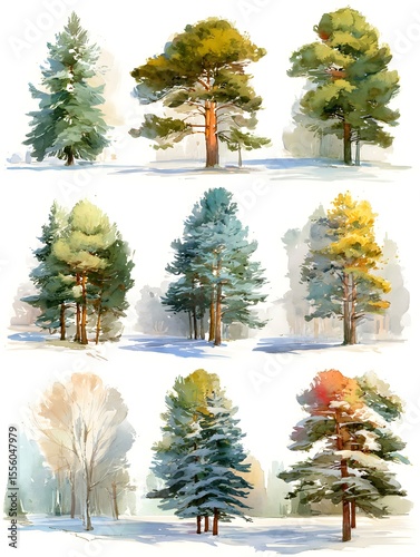 Watercolor painting showing a variety of winter pine trees in different shapes, colors, and sizes outdoors.