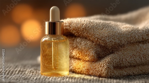 Glass dropper bottle with essential oil on soft towels background