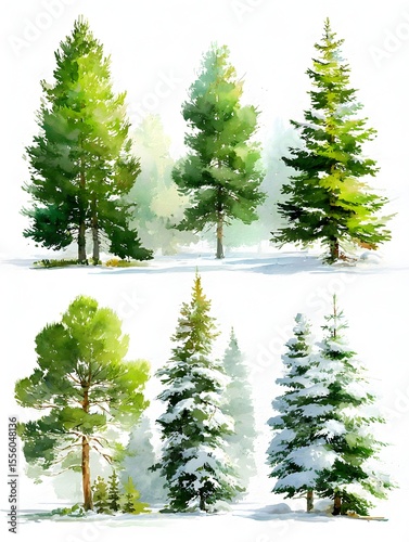 A beautiful collection of watercolor evergreen trees in winter and sp isolated on a white background.
