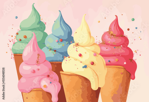 Vector illustration of sweet ice cream, cake, and cupcake desserts perfect for birthday parties, summer celebrations, and dessert designs. Cute and colorful art for food, candy, and happy occasions.

