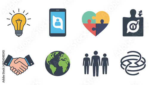 Global social network concept featuring diverse icons for internet communication, technology, and mobile web connections