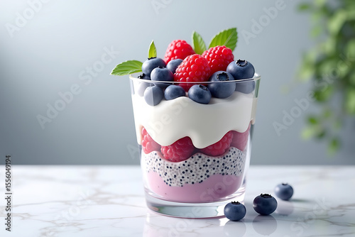 Healthy Berry Yogurt Parfait in Glass Cup with Chia, Granola, and Fresh Fruits on Marble Surface