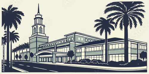 Coral Springs skyline silhouette with modern civic buildings, palm-lined streets, and suburban rooftops — ideal for South Florida and planned community artwork.
