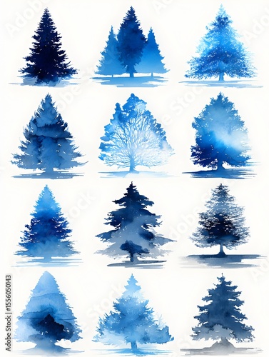 Twelve abstract evergreen trees are rendered in beautiful shades of blue watercolor paint on paper style.