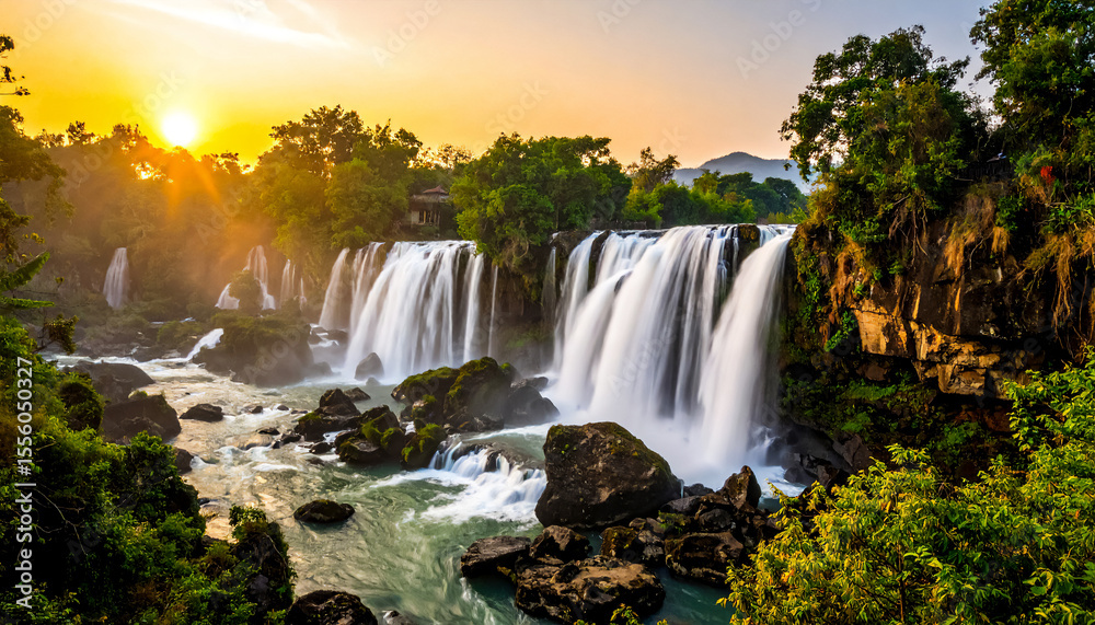 Fototapeta premium A waterfall cascades over ancient stone, soft morning light and a slow tilt-up shot