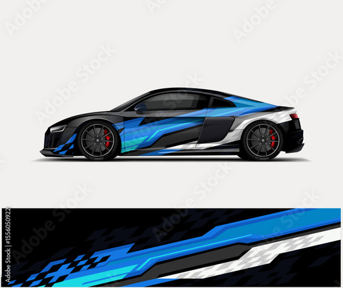 Blue Sport Car Wrap – Checkered Flag Theme with Shattered Graphic Effect