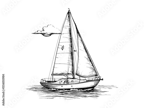 Retro sailboat engraving in black sketch, nautical summer transport, vintage vacation wall decor, old-style sea art, maritime drawing, boat illustration for coastal interiors,