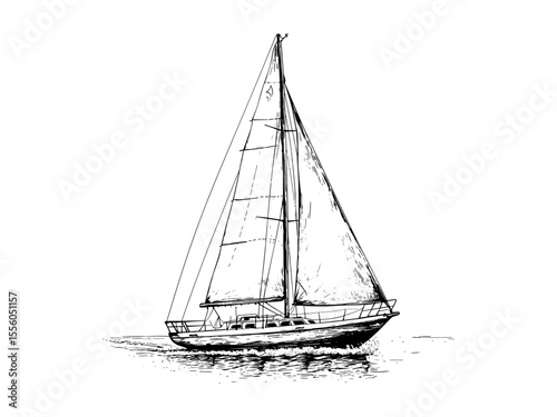 Vintage summer sailboat sketch, old engraving style nautical artwork, black line vacation decor, retro transport theme, hand-drawn yacht scene, sea adventure illustration,