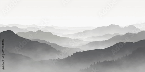Monochrome Layered Mountain Landscape with Foggy Grey Horizon Background

