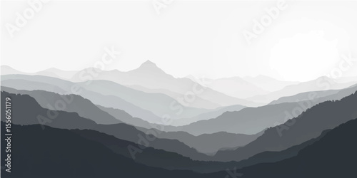Abstract Misty Landscape Background with Distant Grey Layered Mountains

